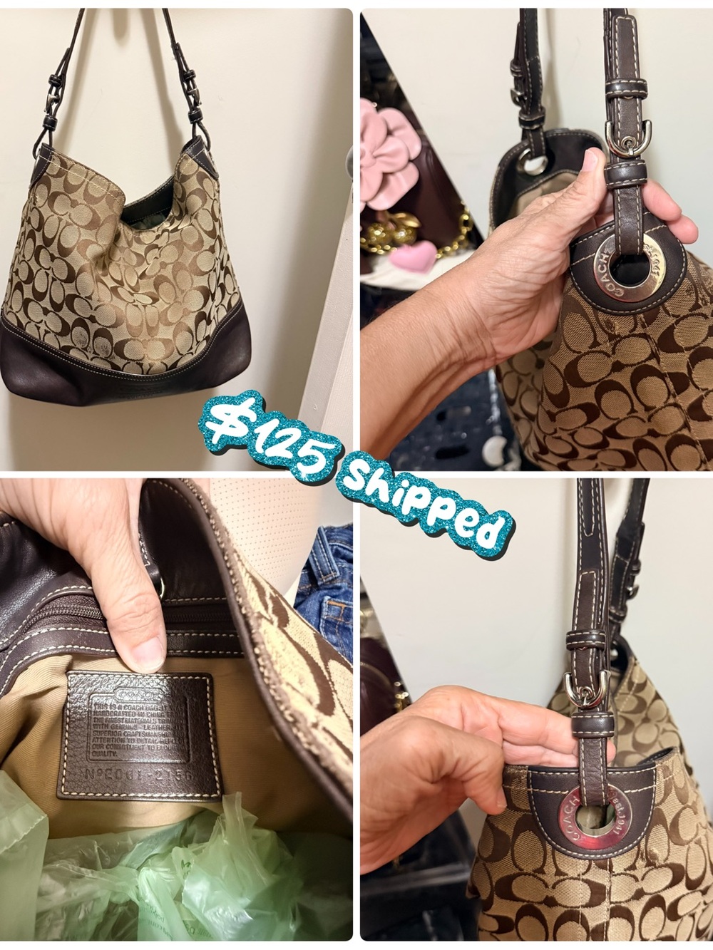 Vintage Authentic Coach Signature Canvas Shoulder Hobo with brown leather trim